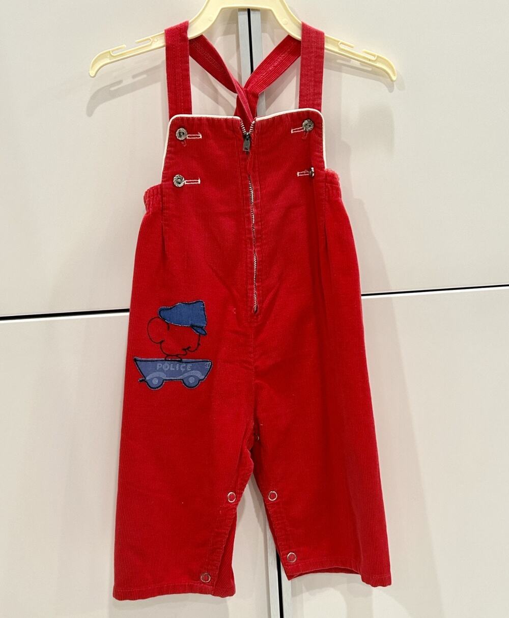 Vintage 60s 70s Red Corduroy Baby Overalls Police Car Applique Toddler Romper